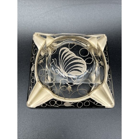 Vintage Art Nouveau Floral Butterfly Clear Glass Silver Overlay Square Ashtray - Picture 3 of 5